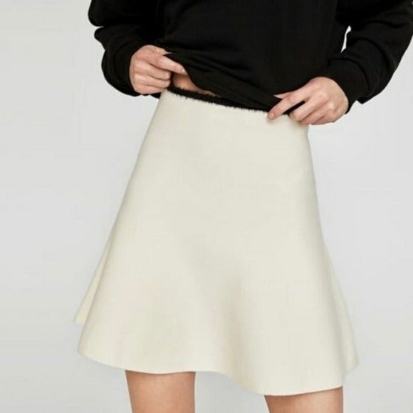 Zara Knit Collection Cream Skirt Black Fuzzy Trim - Picture 2 of 6